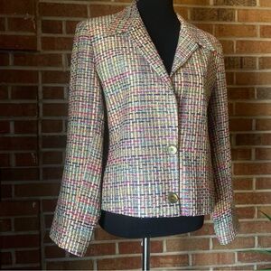 Vtg Vinci Clothiers Women 14 100% Silk Rainbow Multicolored Tweed Blazer Lined